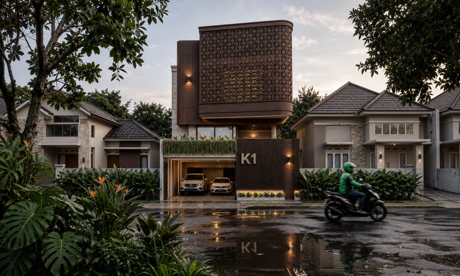 Fasad Falahouse Residence di senja hari, karya Satya Suwarna